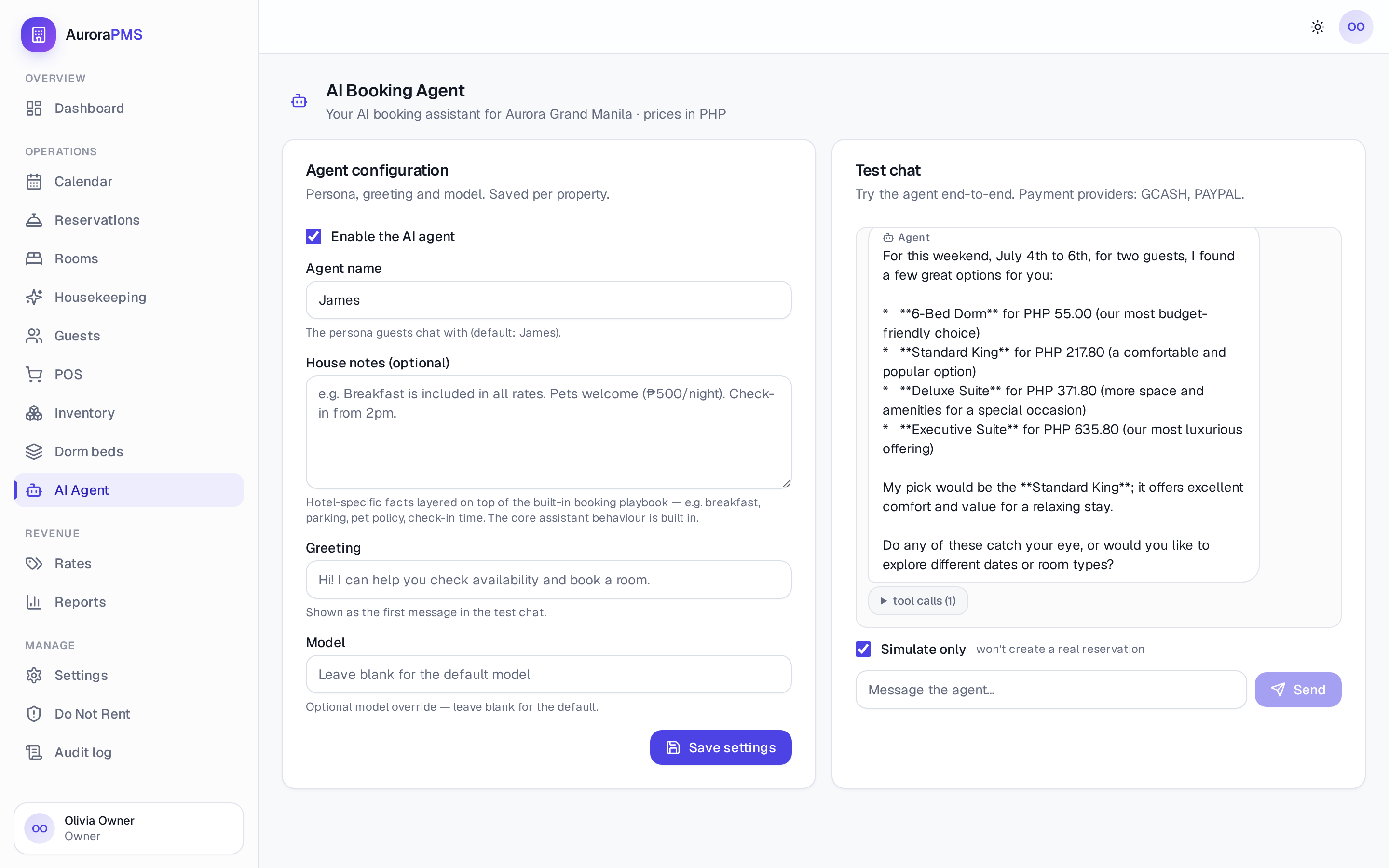 Aurora's AI Booking Agent console: agent settings with the persona name James, house notes and greeting on the left; a live test chat on the right where the assistant recommends rooms with prices in PHP.