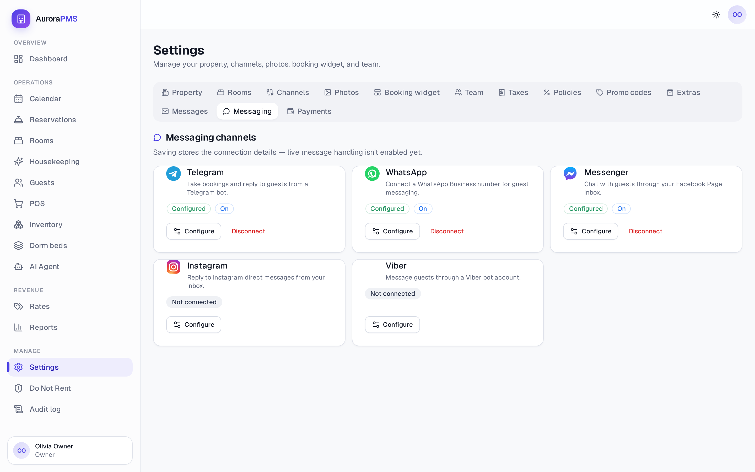 Aurora Settings, Messaging channels tab: branded cards for Telegram, WhatsApp, Messenger, Instagram and Viber — some marked Configured and On — each with Configure and Disconnect actions.