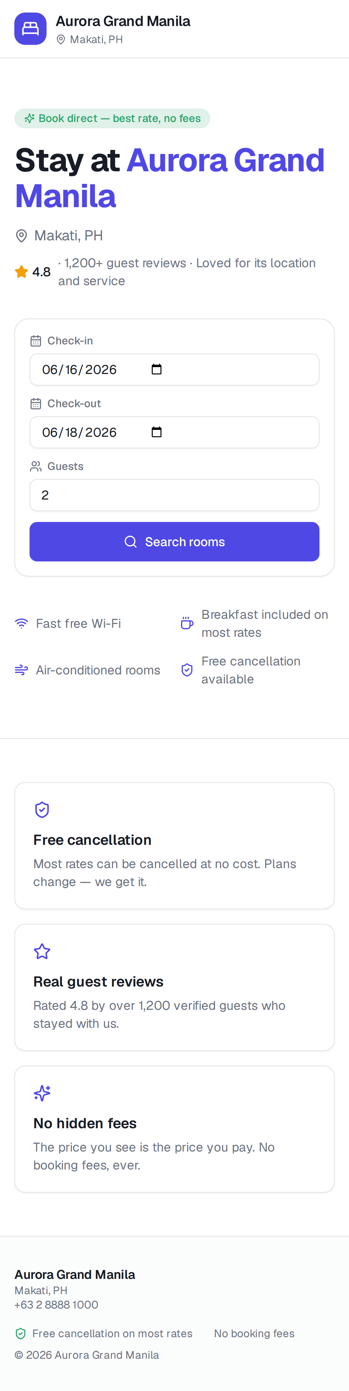 Aurora direct booking site on a phone headed 'Stay at Aurora Grand Manila' with a 4.8 guest rating, check-in and check-out date pickers, a guest count and a Search rooms button.
