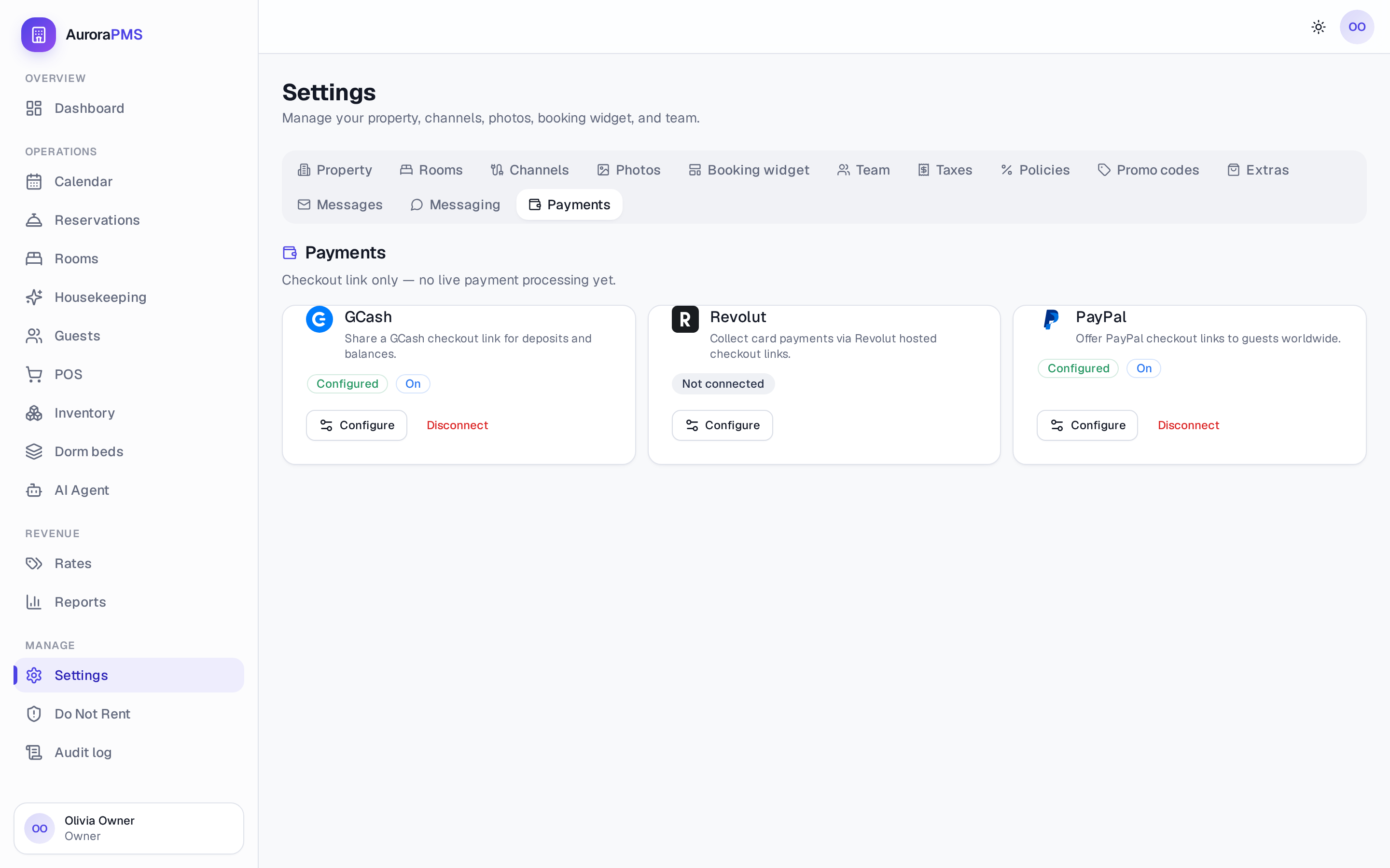 Aurora Settings, Payments tab: branded cards for GCash, Revolut and PayPal to add hosted checkout links, some marked Configured and On.